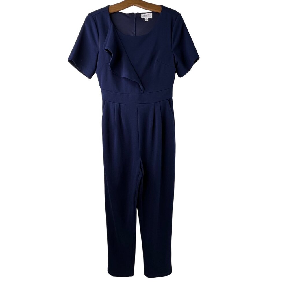Tahari Arthur S Levine Jumpsuit Size 2 Navy Blue Short Sleeve Ruffle Detail